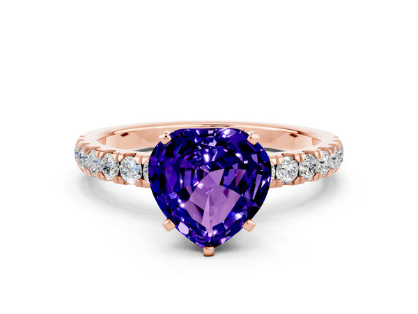 Rose gold Heart Cut Tanzanite Solitaire Ring with Pavé Accents and Four-Prong Setting