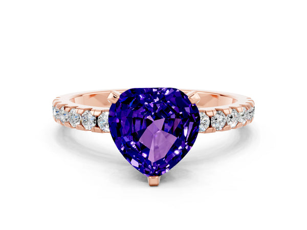 Rose gold Heart Cut Tanzanite Solitaire Ring with Round  Pavé Band and Four-Prong Setting