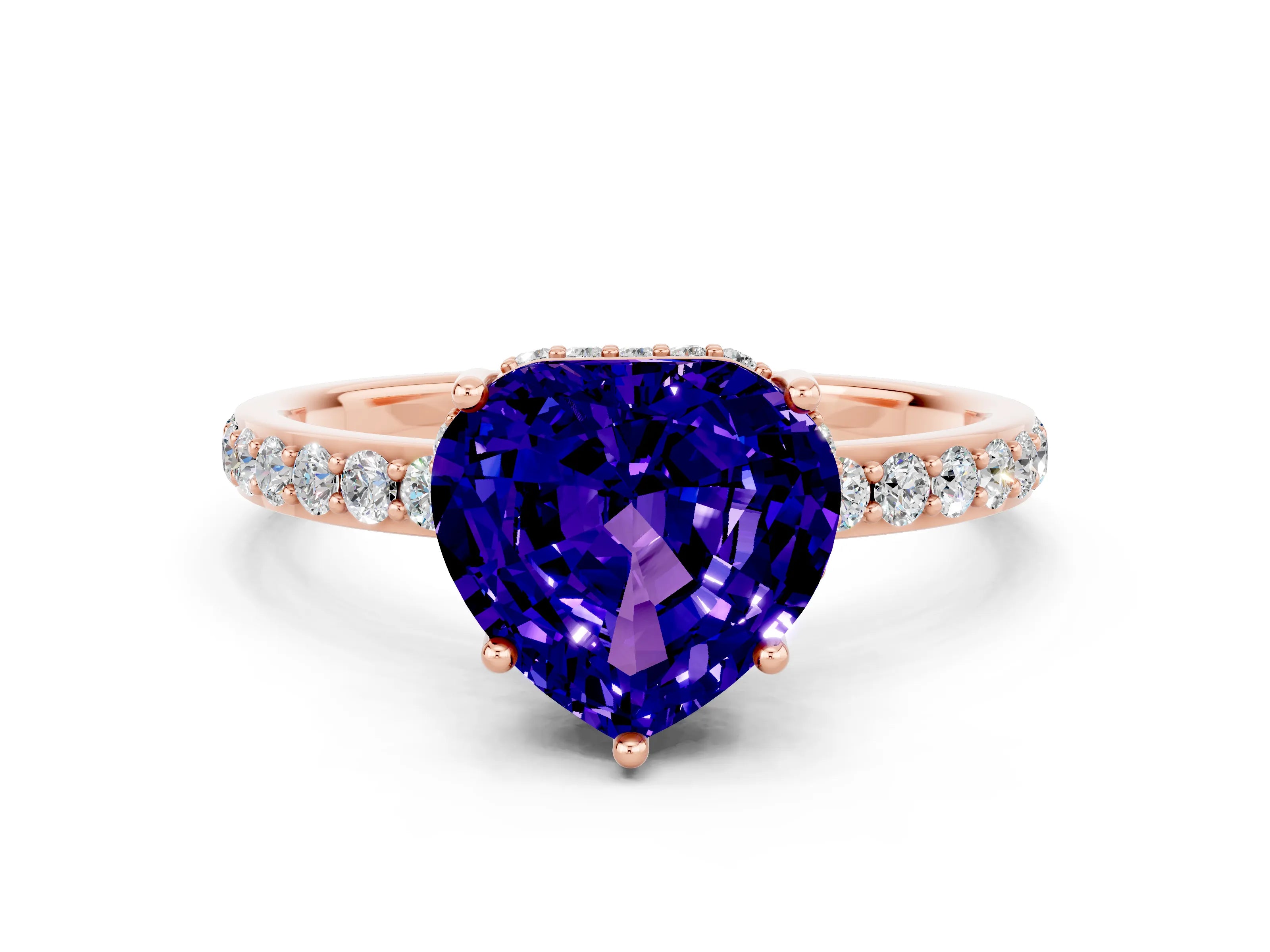 Rose gold Heart Cut Tanzanite Solitaire Ring with Pavé Band and Hidden Halo_12
