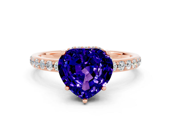 Rose gold Heart Cut Tanzanite Solitaire Ring with Pavé Band and Hidden Halo