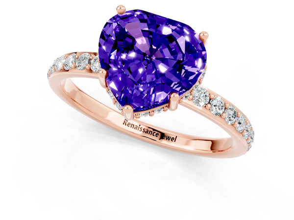 Rose gold Heart Cut Tanzanite Solitaire Ring with Pavé Band and Hidden Halo