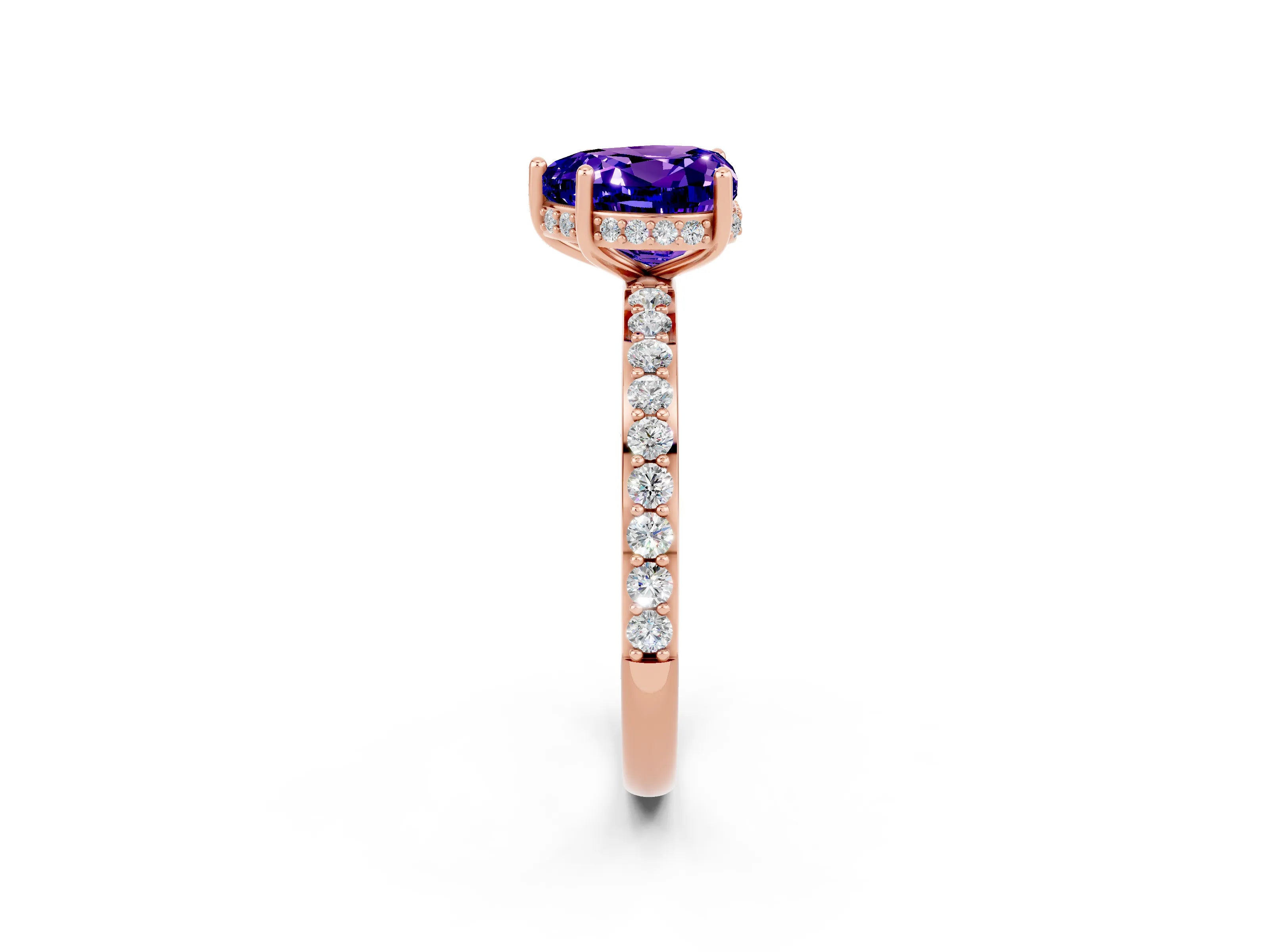 Rose gold Heart Cut Tanzanite Solitaire Ring with Pavé Band and Hidden Halo_14