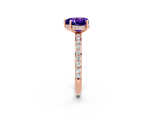 Rose gold Heart Cut Tanzanite Solitaire Ring with Pavé Band and Hidden Halo