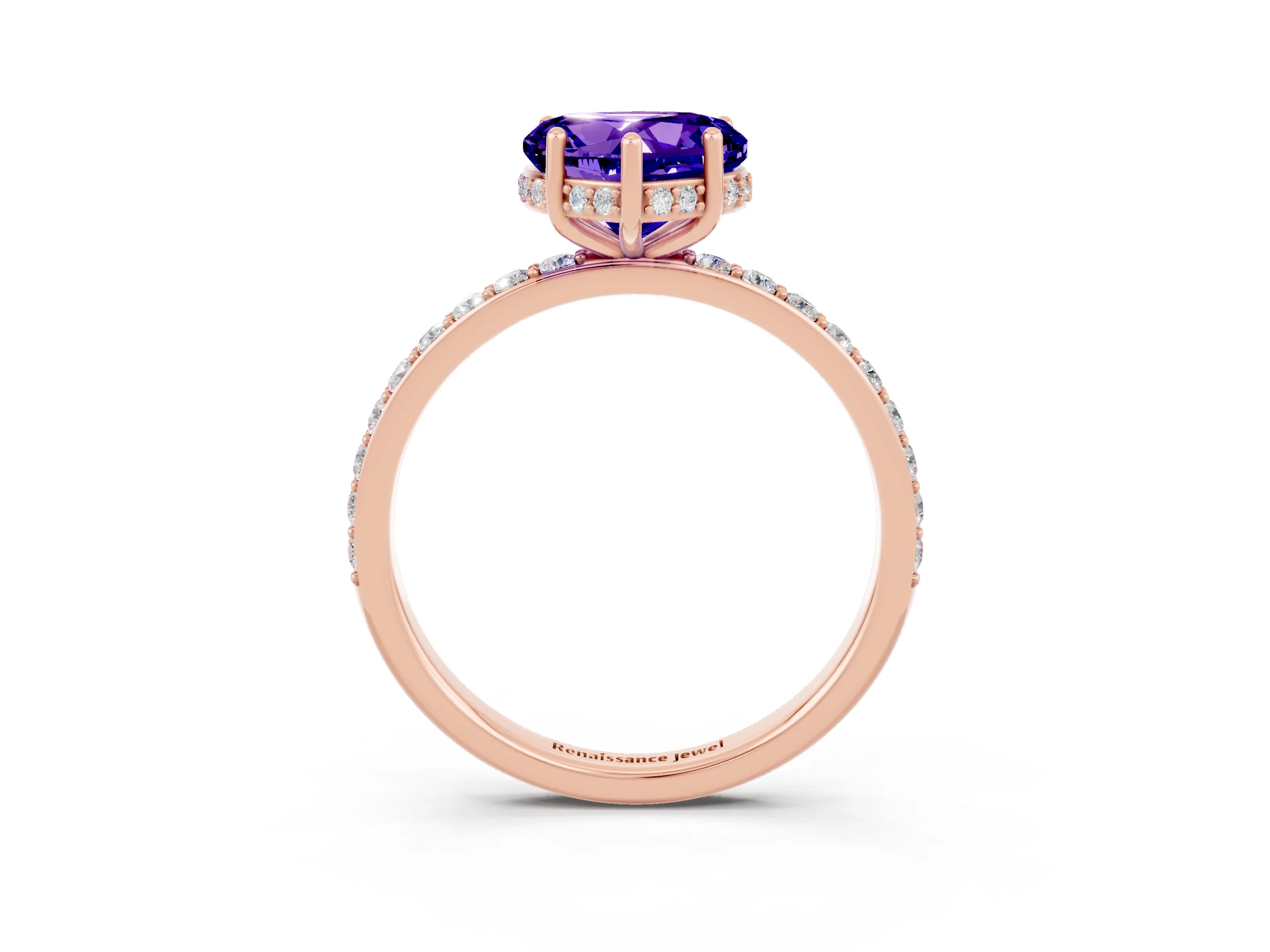 Rose gold Heart Cut Tanzanite Solitaire Ring with Pavé Band and Hidden Halo_15
