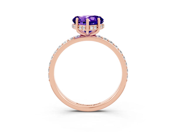 Rose gold Heart Cut Tanzanite Solitaire Ring with Pavé Band and Hidden Halo