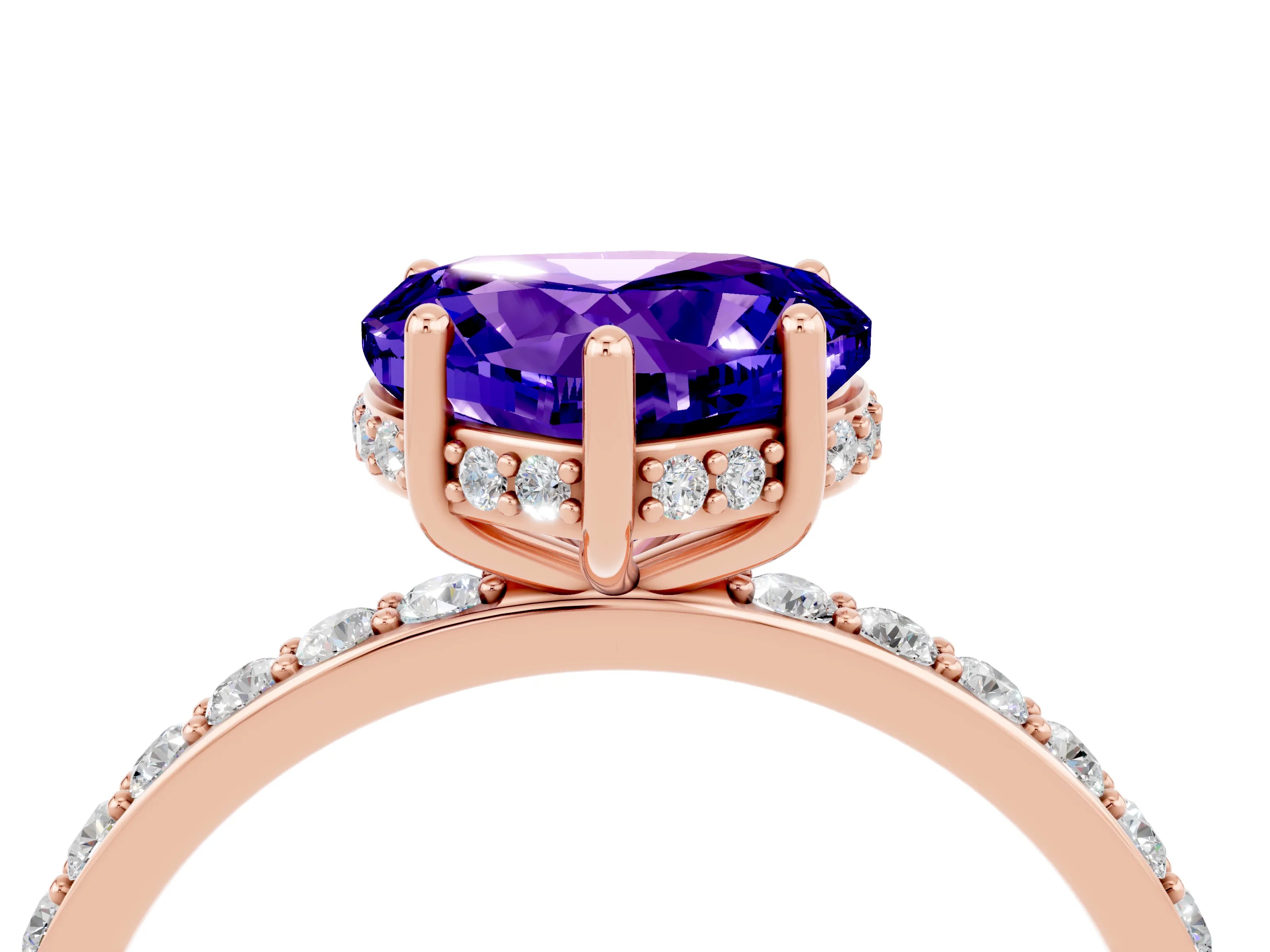 Rose gold Heart Cut Tanzanite Solitaire Ring with Pavé Band and Hidden Halo_16