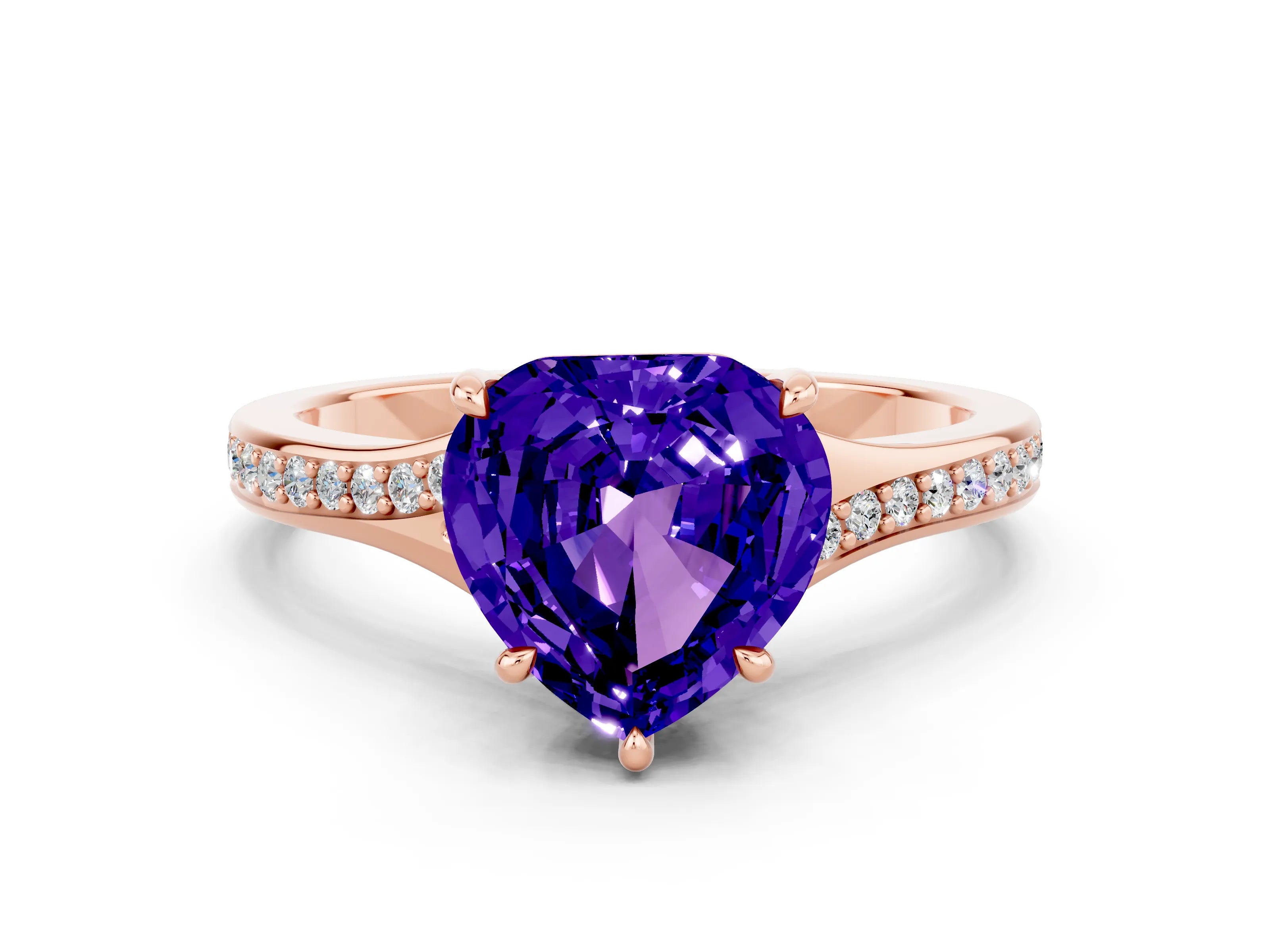 Rose gold Heart Cut Tanzanite Solitaire Ring with Pavé Band and Prong Setting