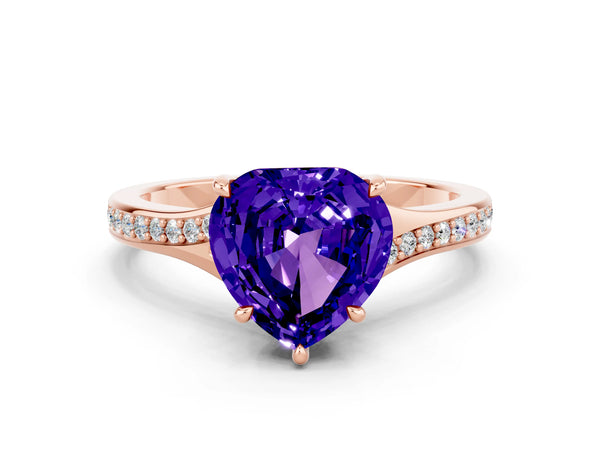 Rose gold Heart Cut Tanzanite Solitaire Ring with Pavé Band and Prong Setting
