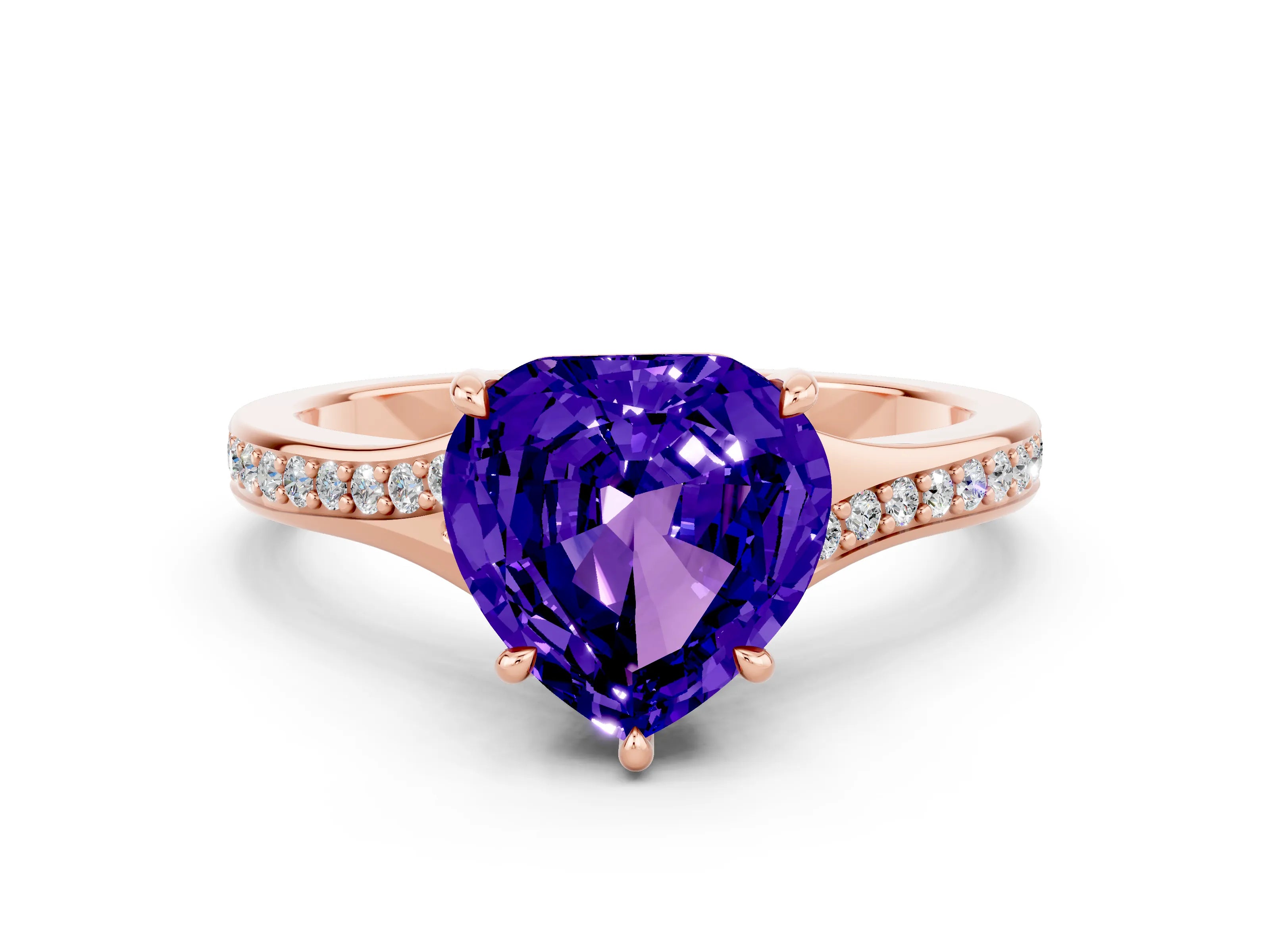 Rose gold Heart Cut Tanzanite Solitaire Ring with Pavé Band and Prong Setting_12