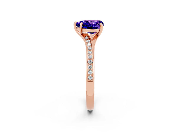 Rose gold Heart Cut Tanzanite Solitaire Ring with Pavé Band and Prong Setting