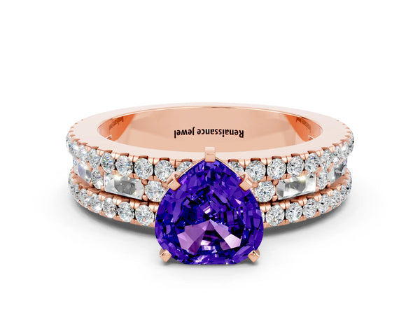 Rose gold Heart Cut Tanzanite Solitaire Ring with Pavé and Channel Set Band