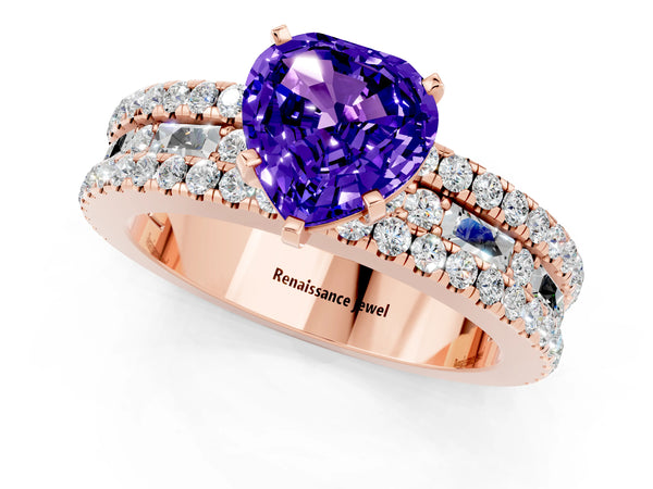 Rose gold Heart Cut Tanzanite Solitaire Ring with Pavé and Channel Set Band