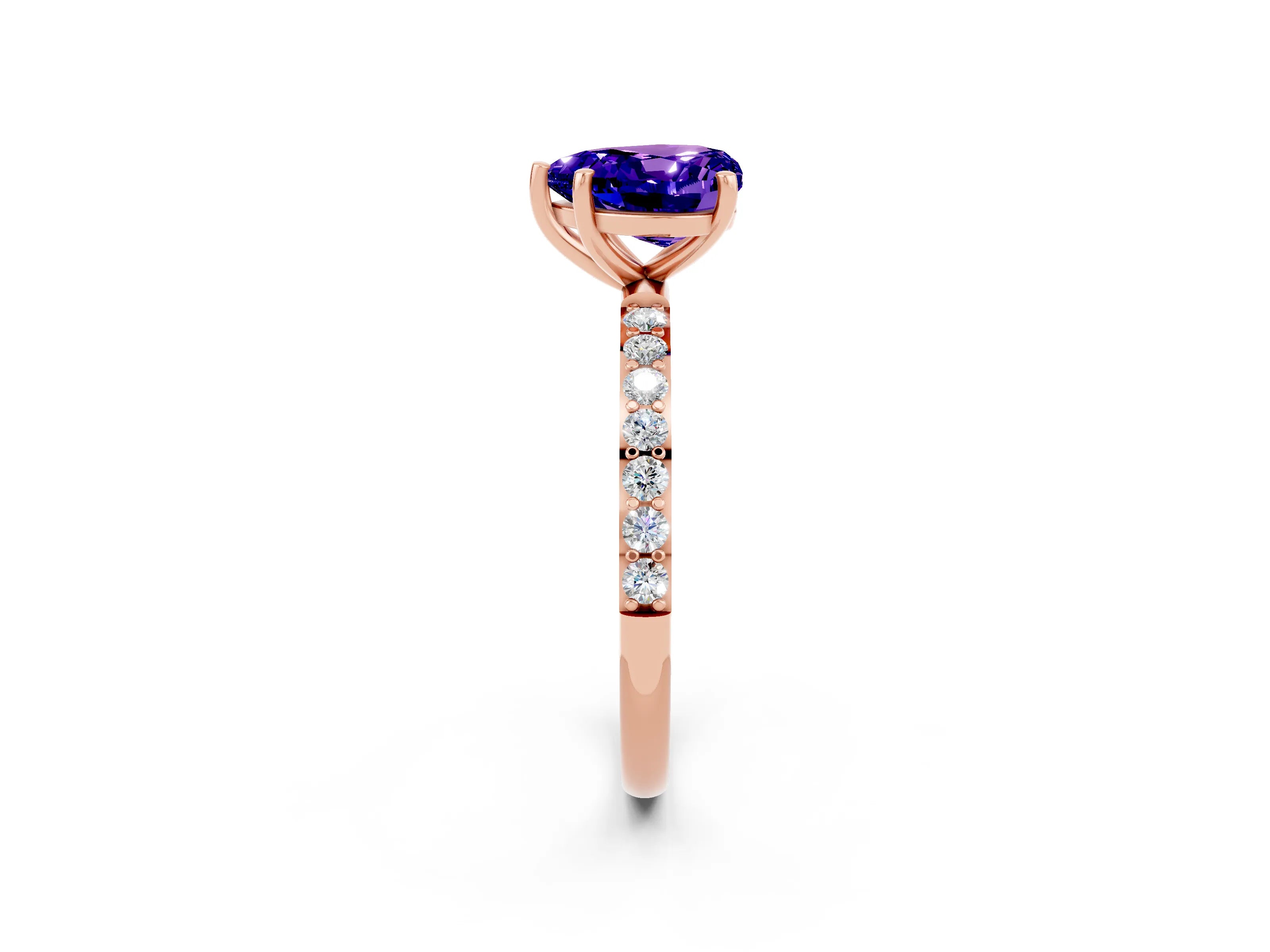 Rose gold Heart Cut Tanzanite Solitaire Ring with Pave Band and Four Prong Setting_14