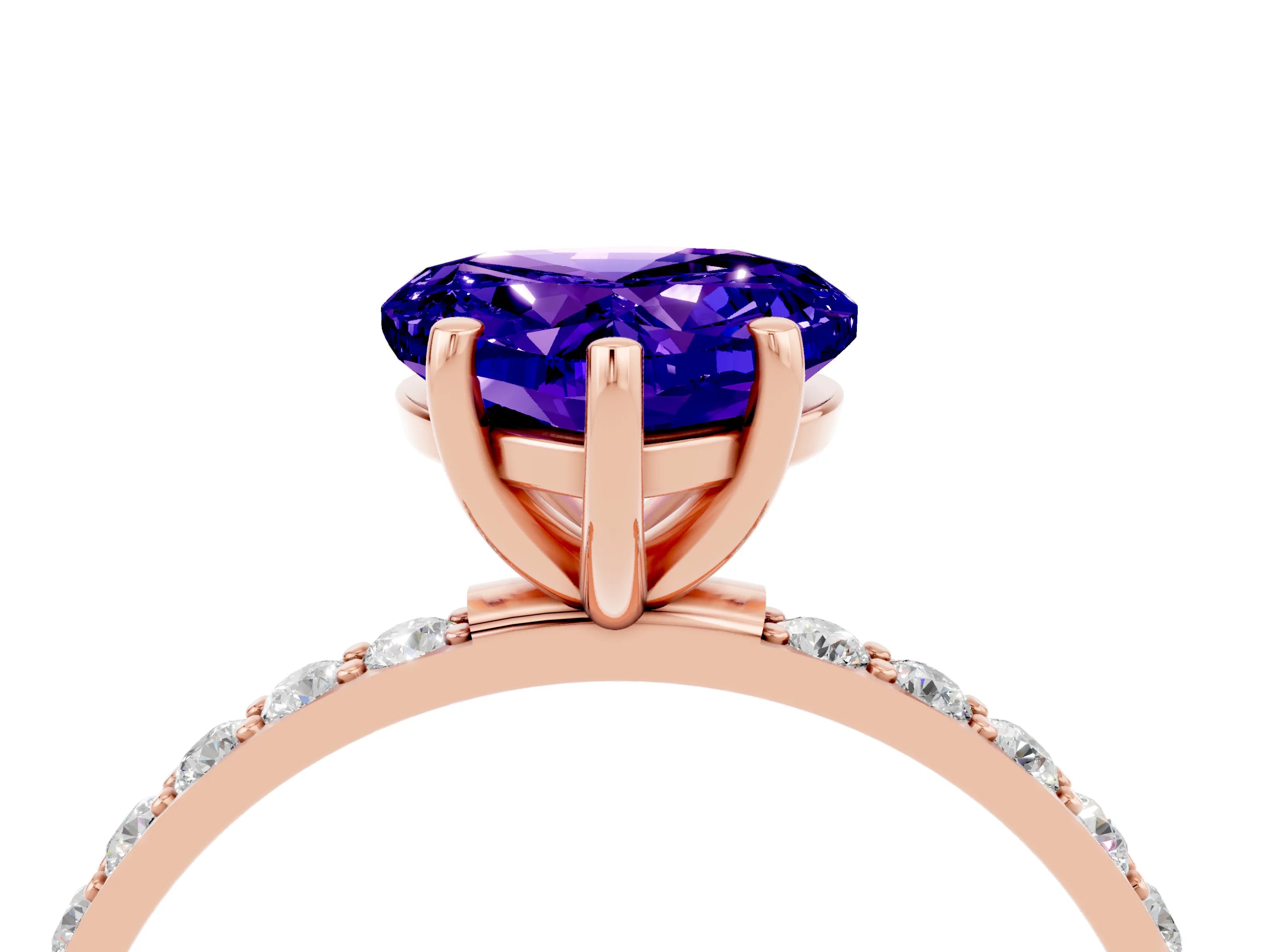 Rose gold Heart Cut Tanzanite Solitaire Ring with Pave Band and Four Prong Setting_16