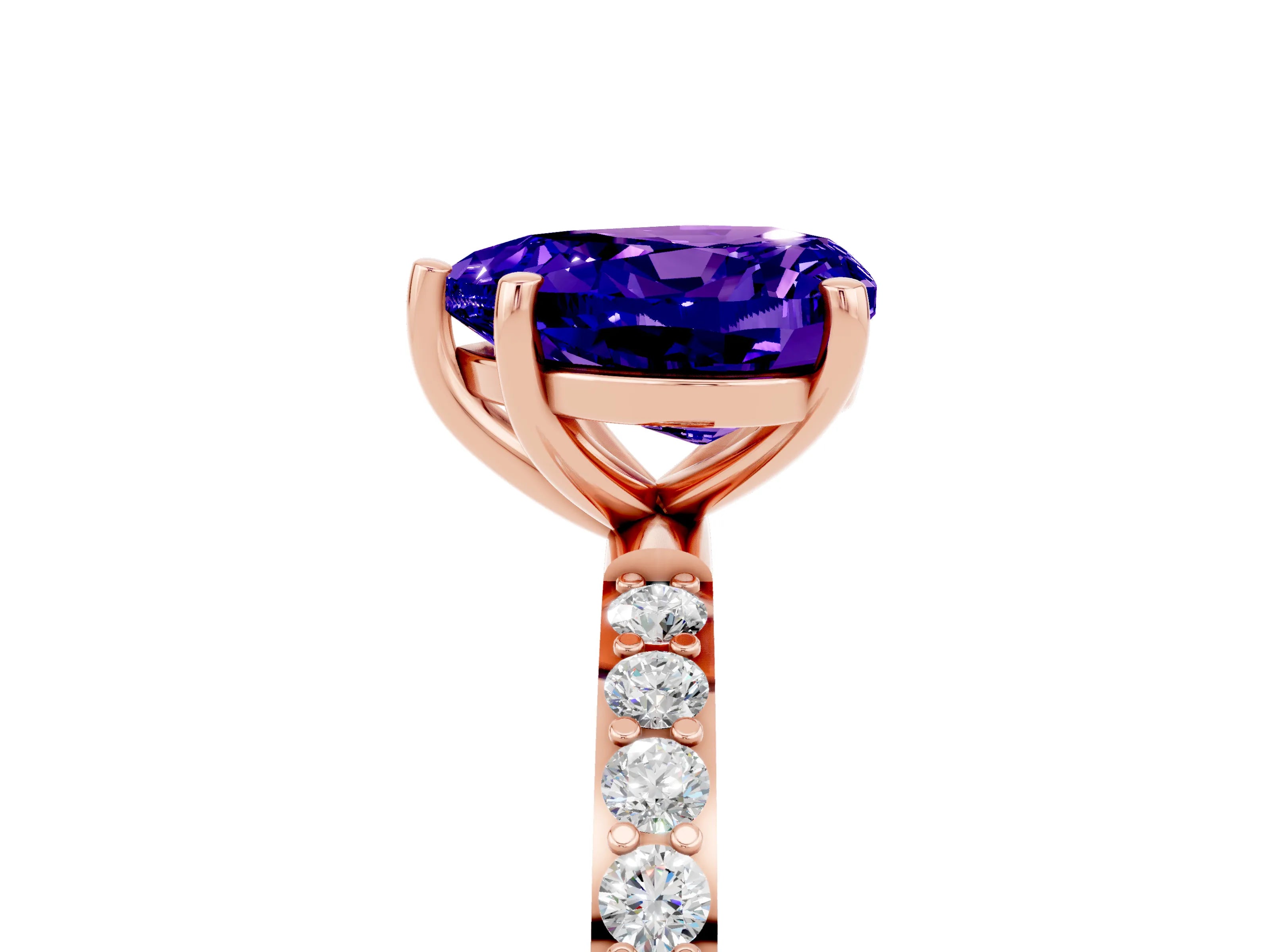 Rose gold Heart Cut Tanzanite Solitaire Ring with Pave Band and Four Prong Setting_29