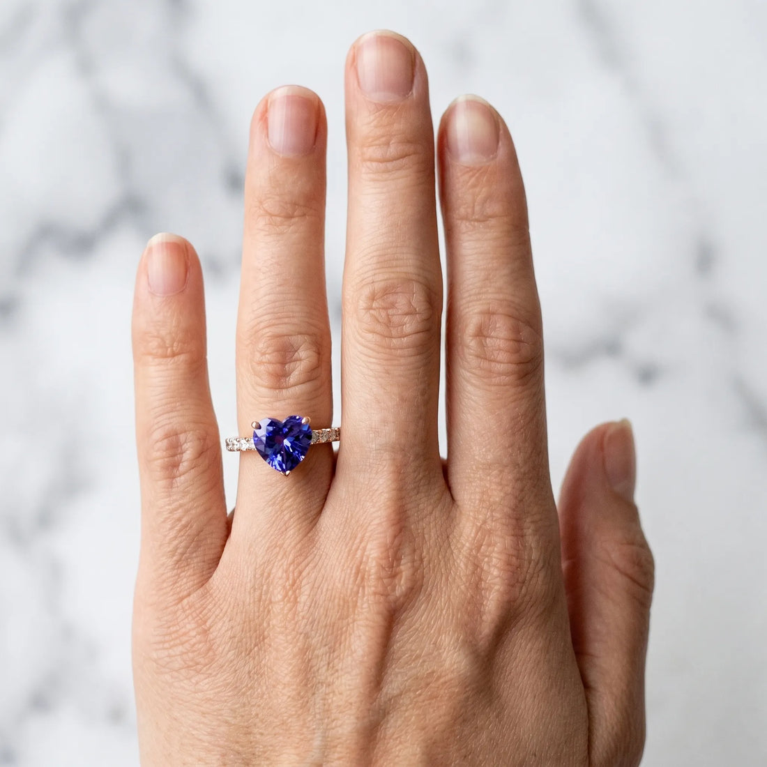 Rose gold Heart Cut Tanzanite Solitaire Ring with Round  Pavé Band and Four-Prong Setting_42