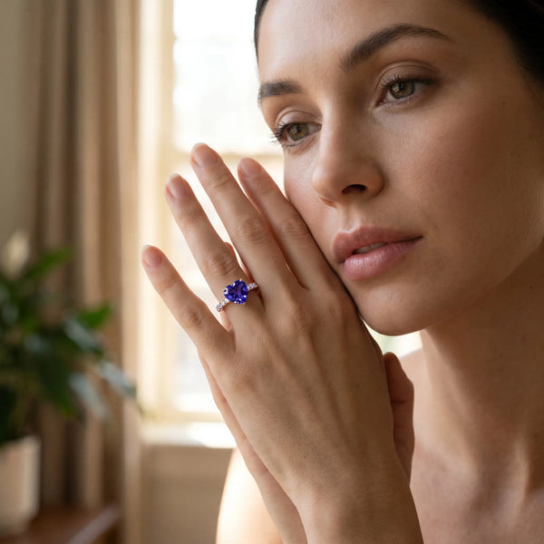 Rose gold Heart Cut Tanzanite Solitaire Ring with Round  Pavé Band and Four-Prong Setting