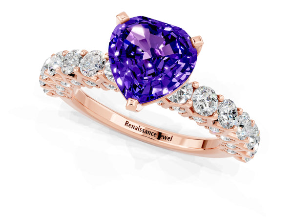 Rose gold Heart Cut Tanzanite Solitaire Ring with Shared Prong Pavé Band and Four-Prong Setting