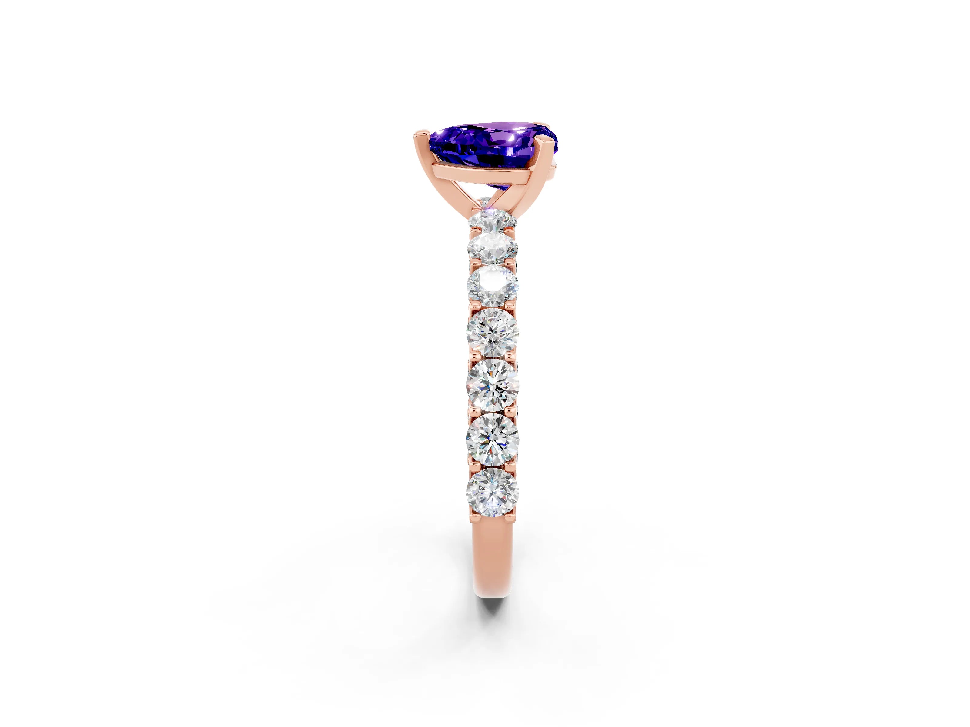 Rose gold Heart Cut Tanzanite Solitaire Ring with Shared Prong Pavé Band and Four-Prong Setting_14