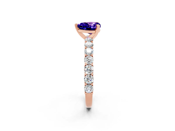 Rose gold Heart Cut Tanzanite Solitaire Ring with Shared Prong Pavé Band and Four-Prong Setting