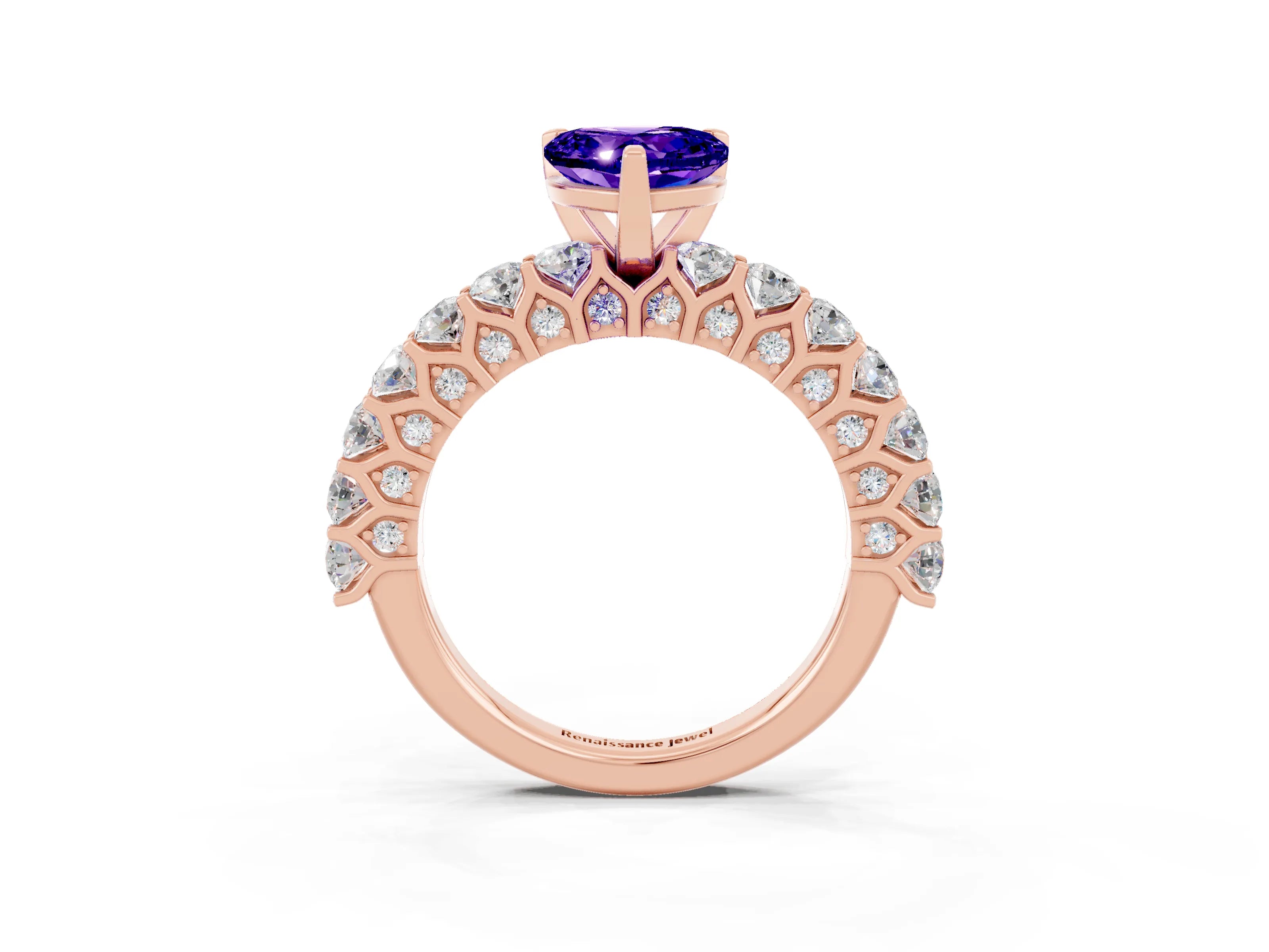 Rose gold Heart Cut Tanzanite Solitaire Ring with Shared Prong Pavé Band and Four-Prong Setting_15