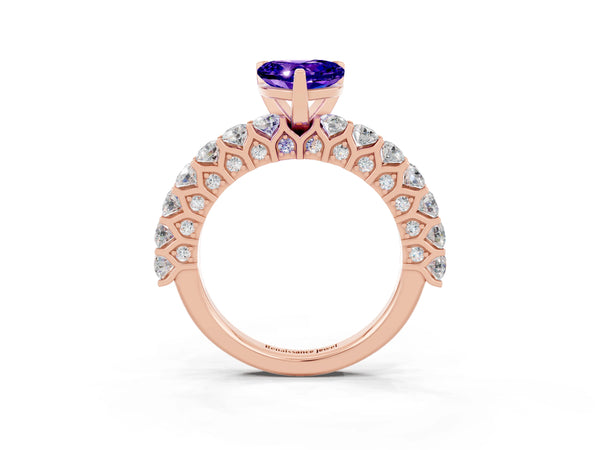 Rose gold Heart Cut Tanzanite Solitaire Ring with Shared Prong Pavé Band and Four-Prong Setting