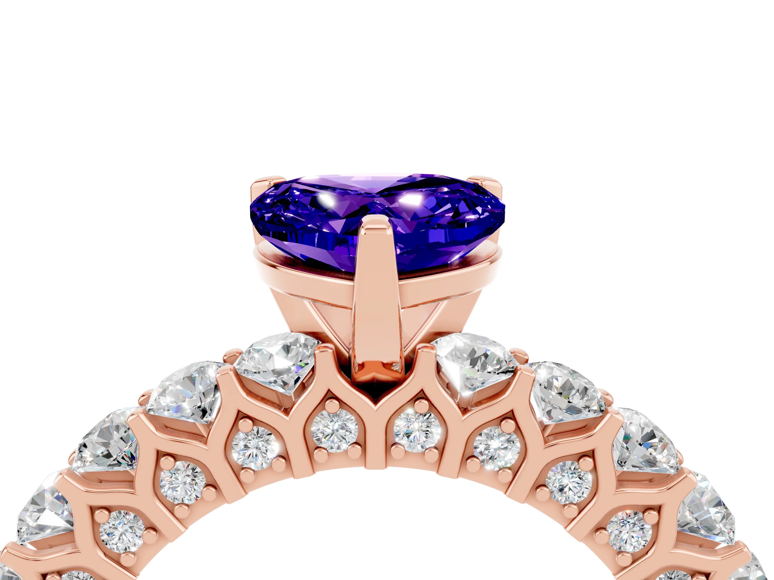 Rose gold Heart Cut Tanzanite Solitaire Ring with Shared Prong Pavé Band and Four-Prong Setting_16