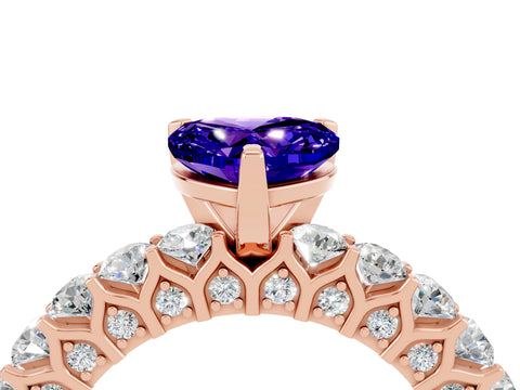 Rose gold Heart Cut Tanzanite Solitaire Ring with Shared Prong Pavé Band and Four-Prong Setting_16