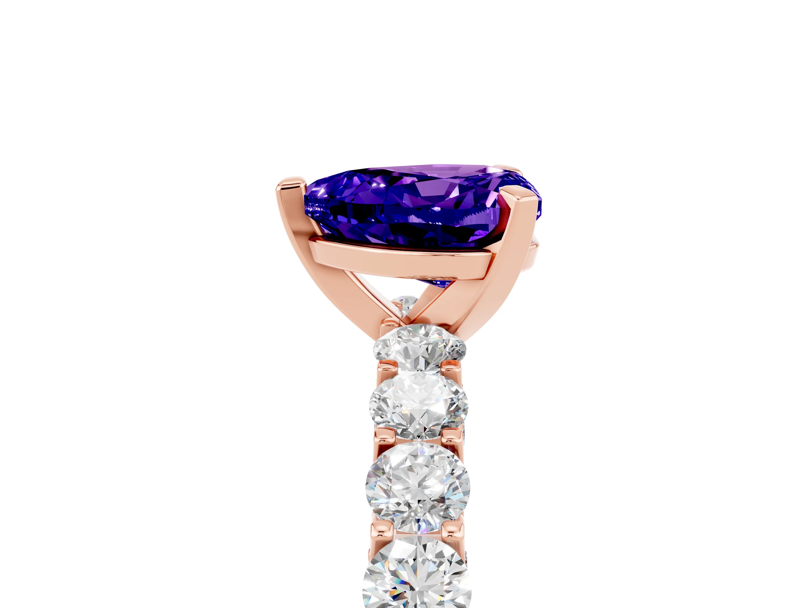 Rose gold Heart Cut Tanzanite Solitaire Ring with Shared Prong Pavé Band and Four-Prong Setting_17