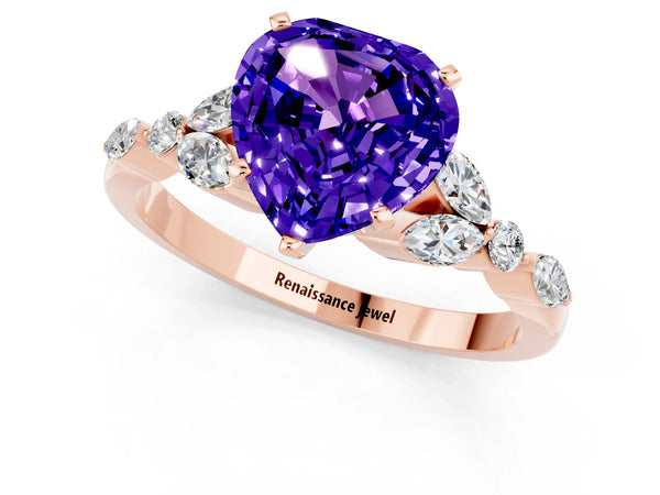 Rose gold Heart Cut Tanzanite Solitaire Ring with Side Stones and Four-Prong Setting