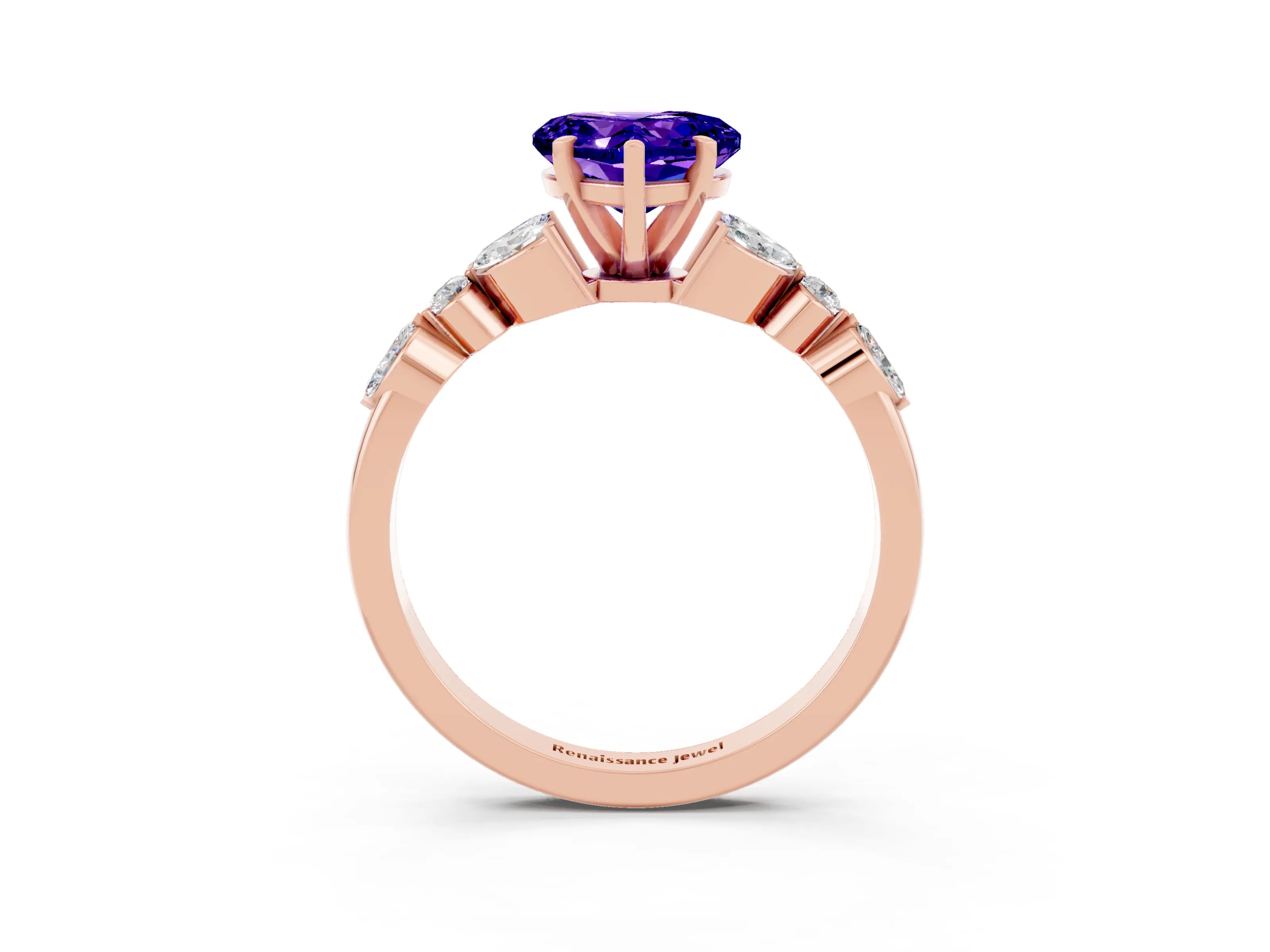 Rose gold Heart Cut Tanzanite Solitaire Ring with Side Stones and Four-Prong Setting_15