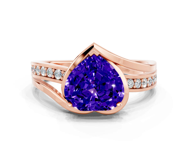 Rose gold Heart Cut Tanzanite Solitaire Ring with Split Shank and Prong Setting