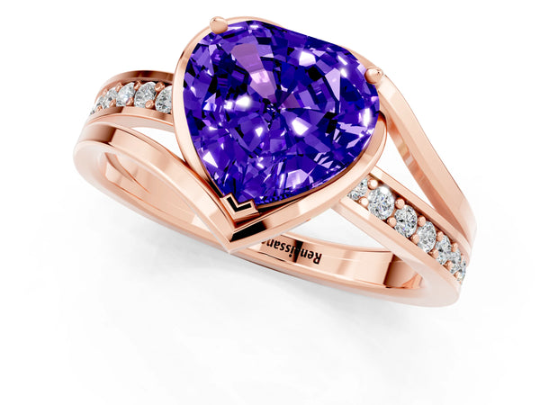Rose gold Heart Cut Tanzanite Solitaire Ring with Split Shank and Prong Setting