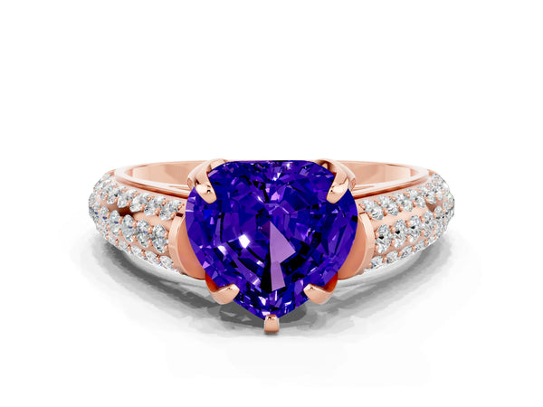 Rose gold Heart Cut Tanzanite Solitaire Ring with Three-Row Pavé Band and Four-Prong Setting