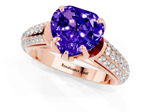 Rose gold Heart Cut Tanzanite Solitaire Ring with Three-Row Pavé Band and Four-Prong Setting_13