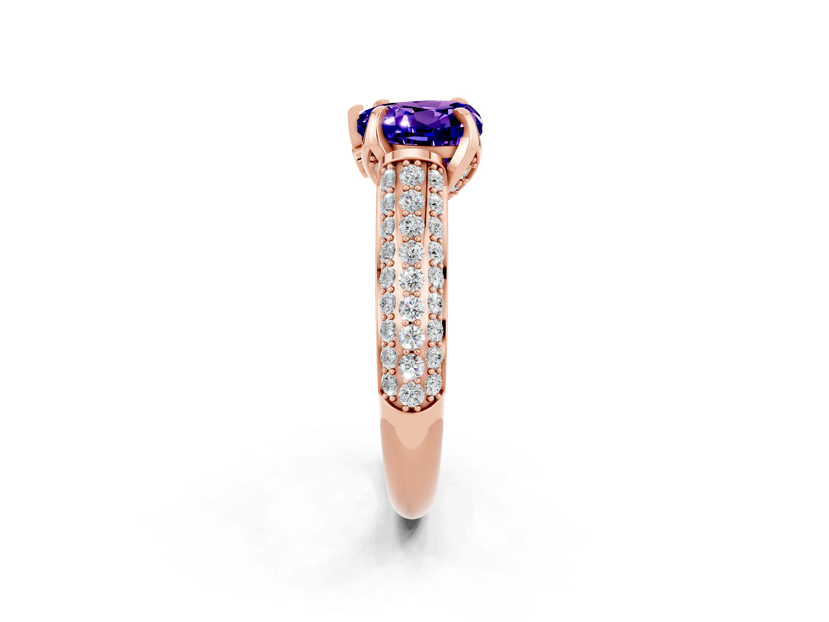 Rose gold Heart Cut Tanzanite Solitaire Ring with Three-Row Pavé Band and Four-Prong Setting_14