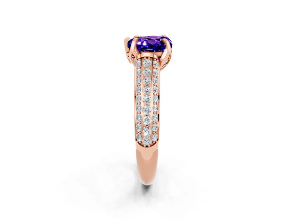 Rose gold Heart Cut Tanzanite Solitaire Ring with Three-Row Pavé Band and Four-Prong Setting