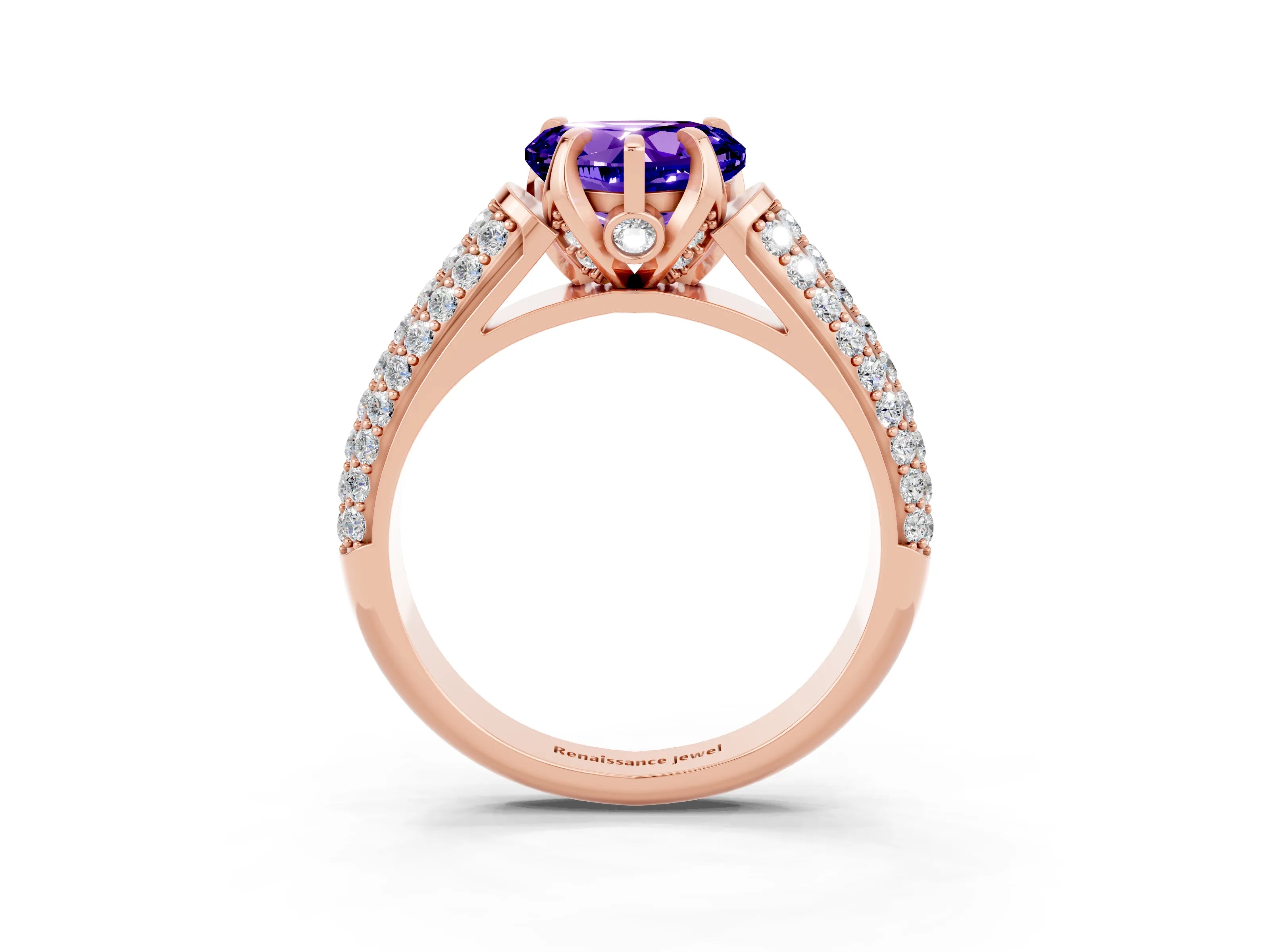 Rose gold Heart Cut Tanzanite Solitaire Ring with Three-Row Pavé Band and Four-Prong Setting_15