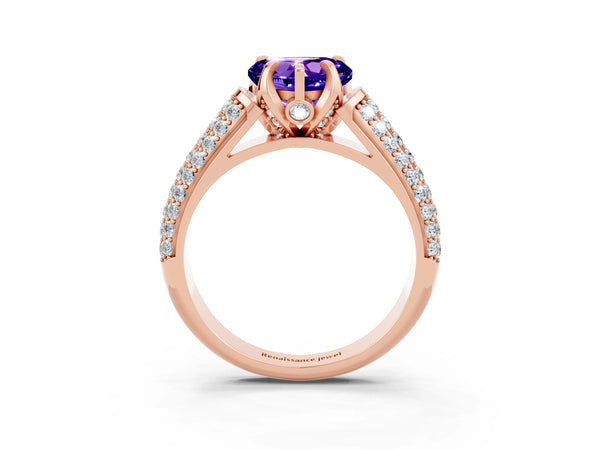 Rose gold Heart Cut Tanzanite Solitaire Ring with Three-Row Pavé Band and Four-Prong Setting