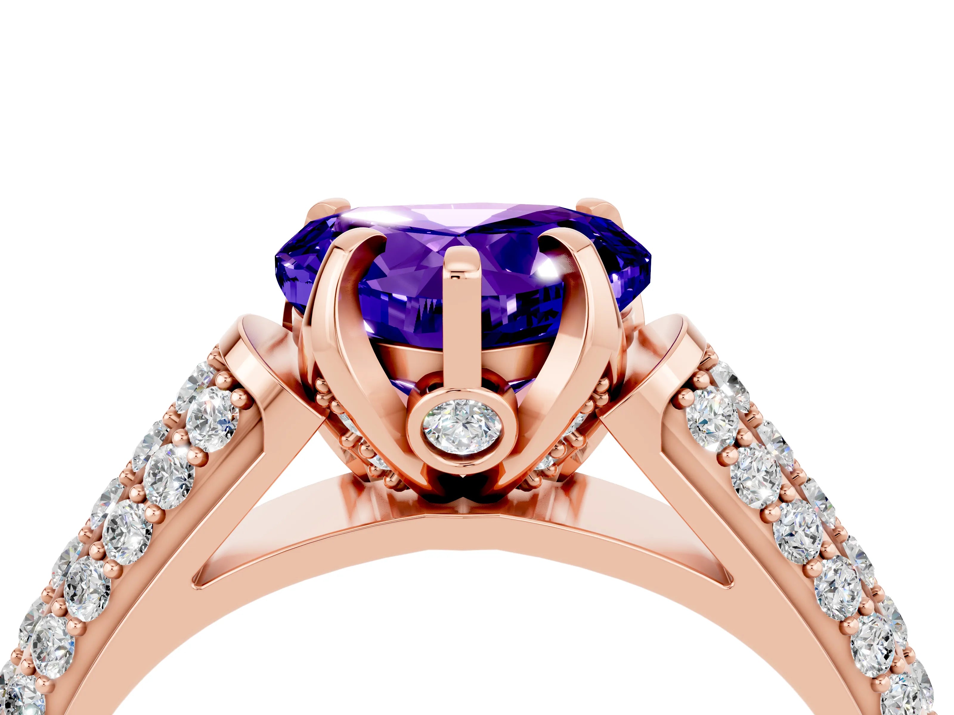 Rose gold Heart Cut Tanzanite Solitaire Ring with Three-Row Pavé Band and Four-Prong Setting_16