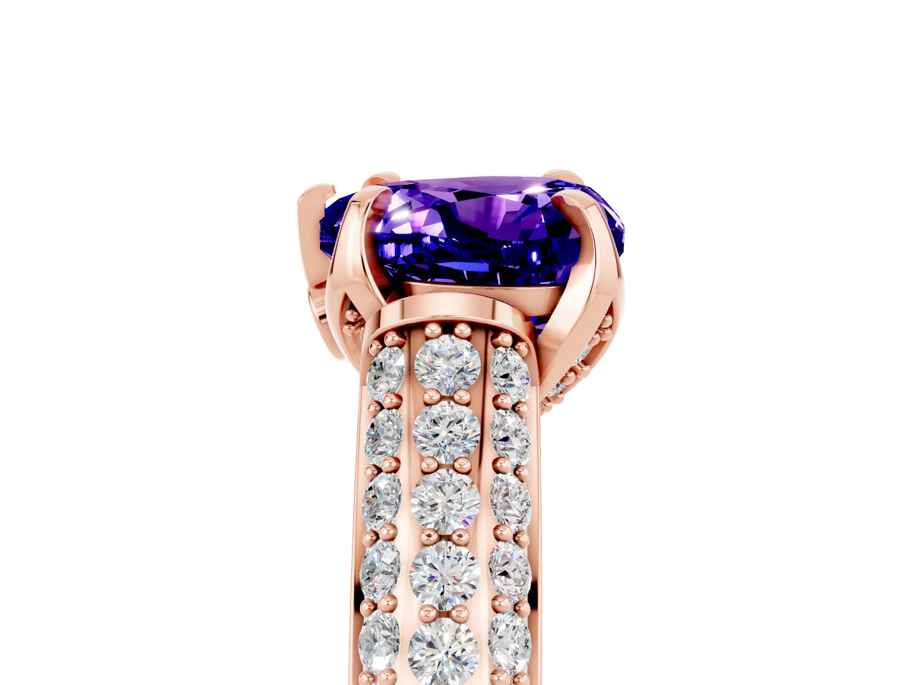 Rose gold Heart Cut Tanzanite Solitaire Ring with Three-Row Pavé Band and Four-Prong Setting_17
