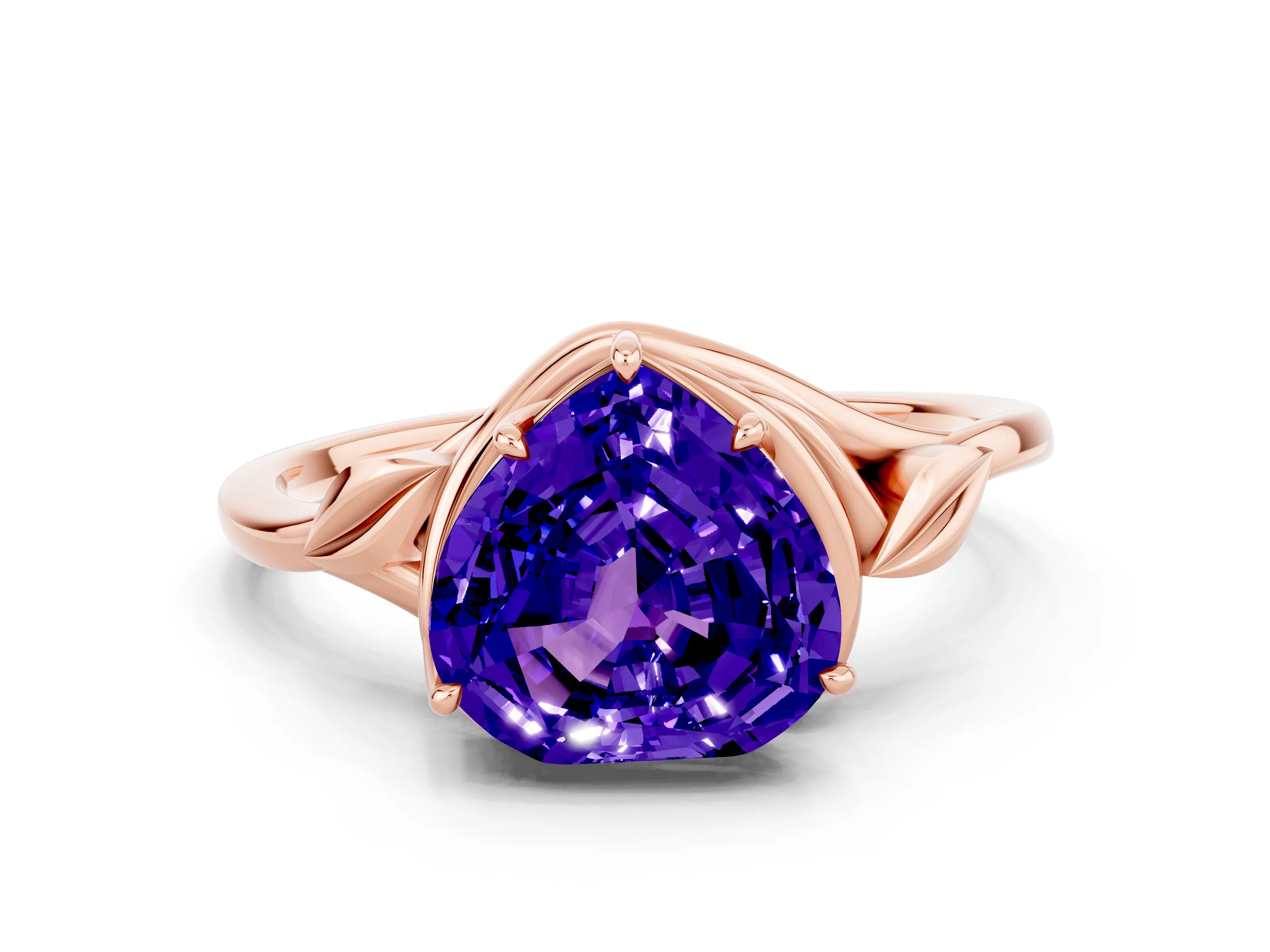 Rose gold Heart Cut Tanzanite Solitaire Ring with Twist Band and Four-Prong Setting_35