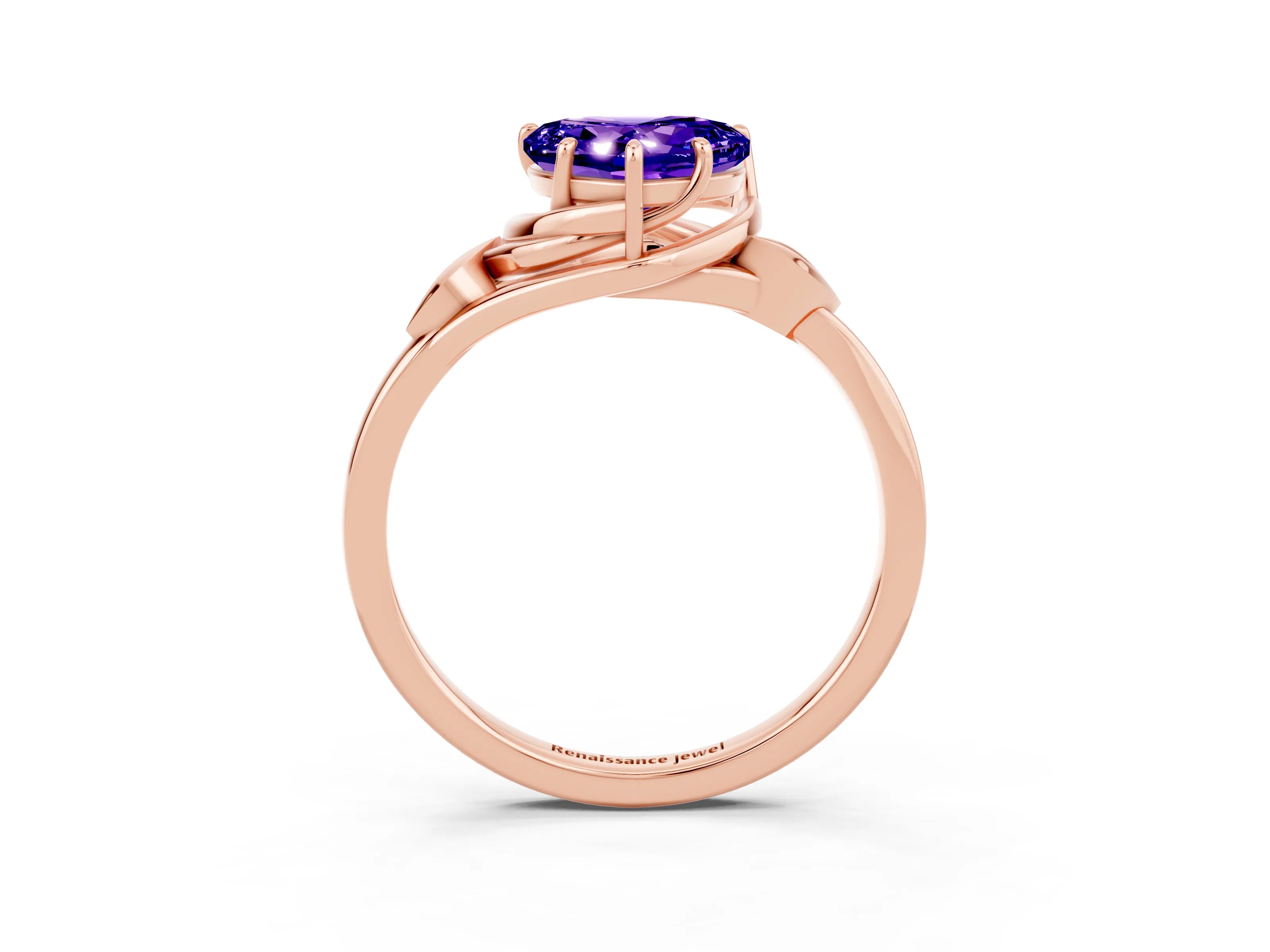Rose gold Heart Cut Tanzanite Solitaire Ring with Twist Band and Four-Prong Setting_50