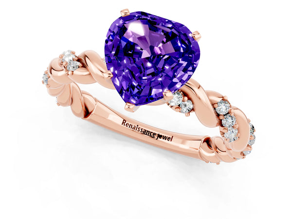 Rose gold Heart Cut Tanzanite Solitaire Ring with Twisted Band and Pavé Accents