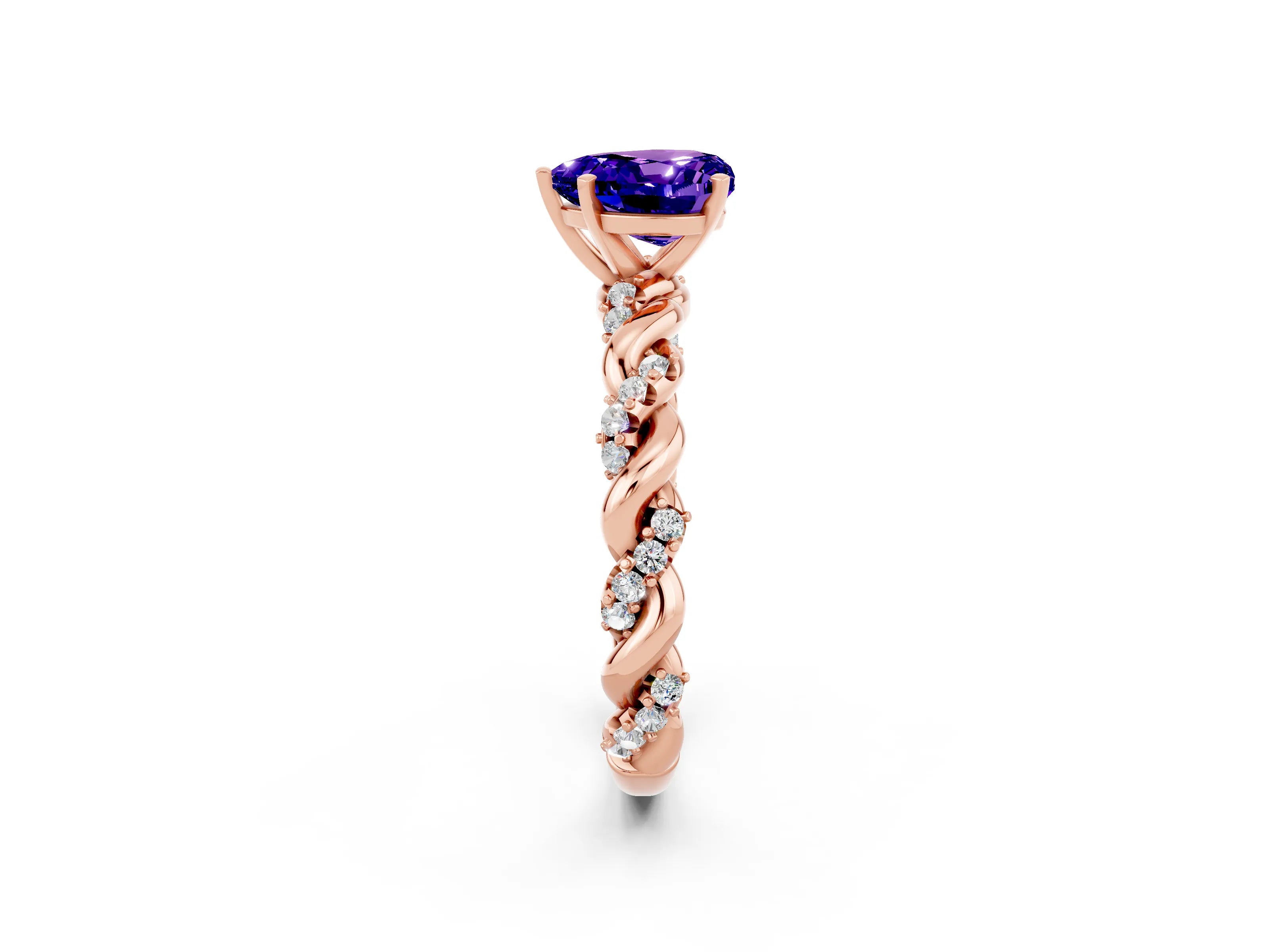 Rose gold Heart Cut Tanzanite Solitaire Ring with Twisted Band and Pavé Accents_2
