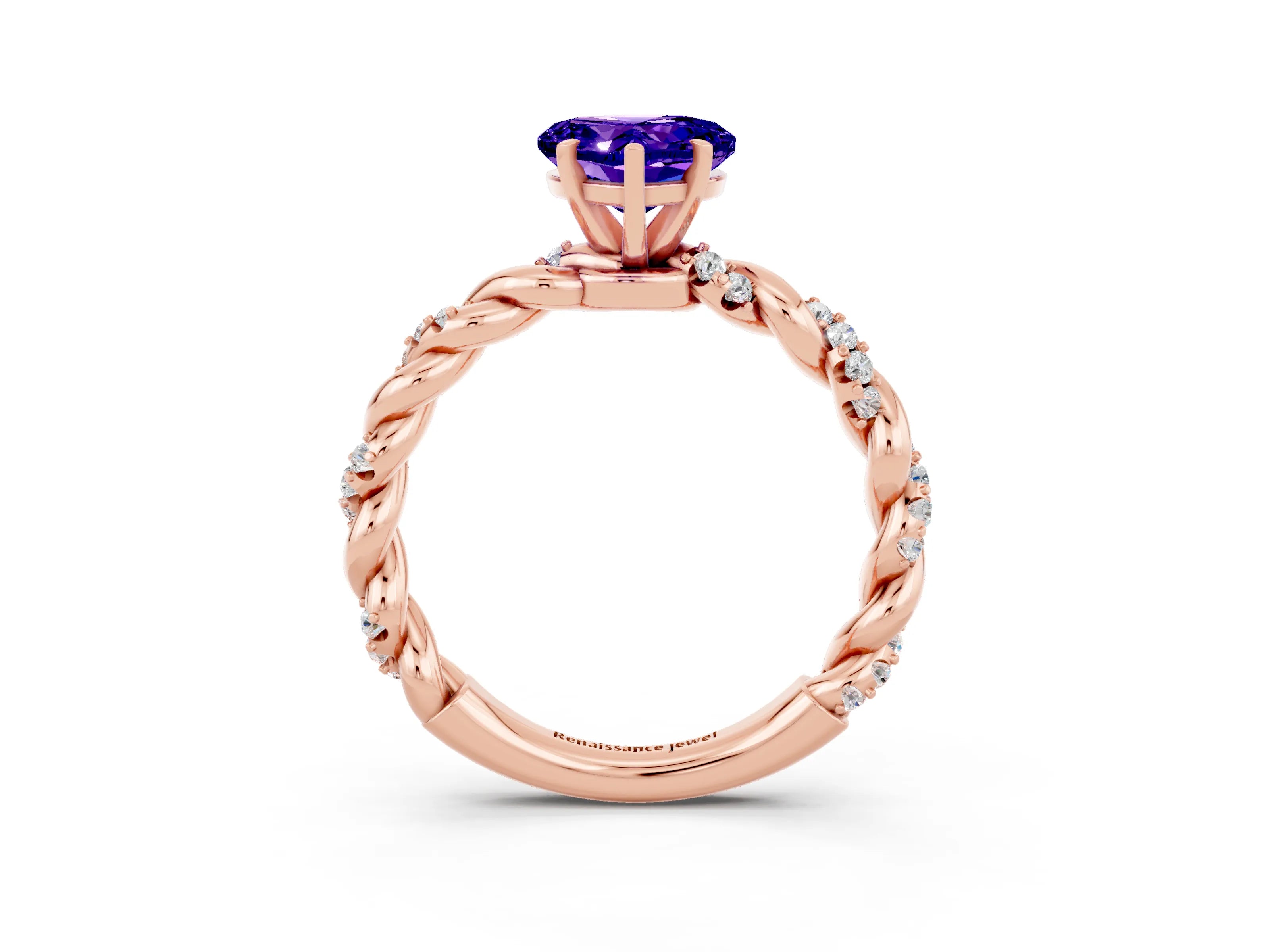 Rose gold Heart Cut Tanzanite Solitaire Ring with Twisted Band and Pavé Accents_3