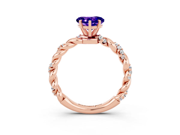 Rose gold Heart Cut Tanzanite Solitaire Ring with Twisted Band and Pavé Accents