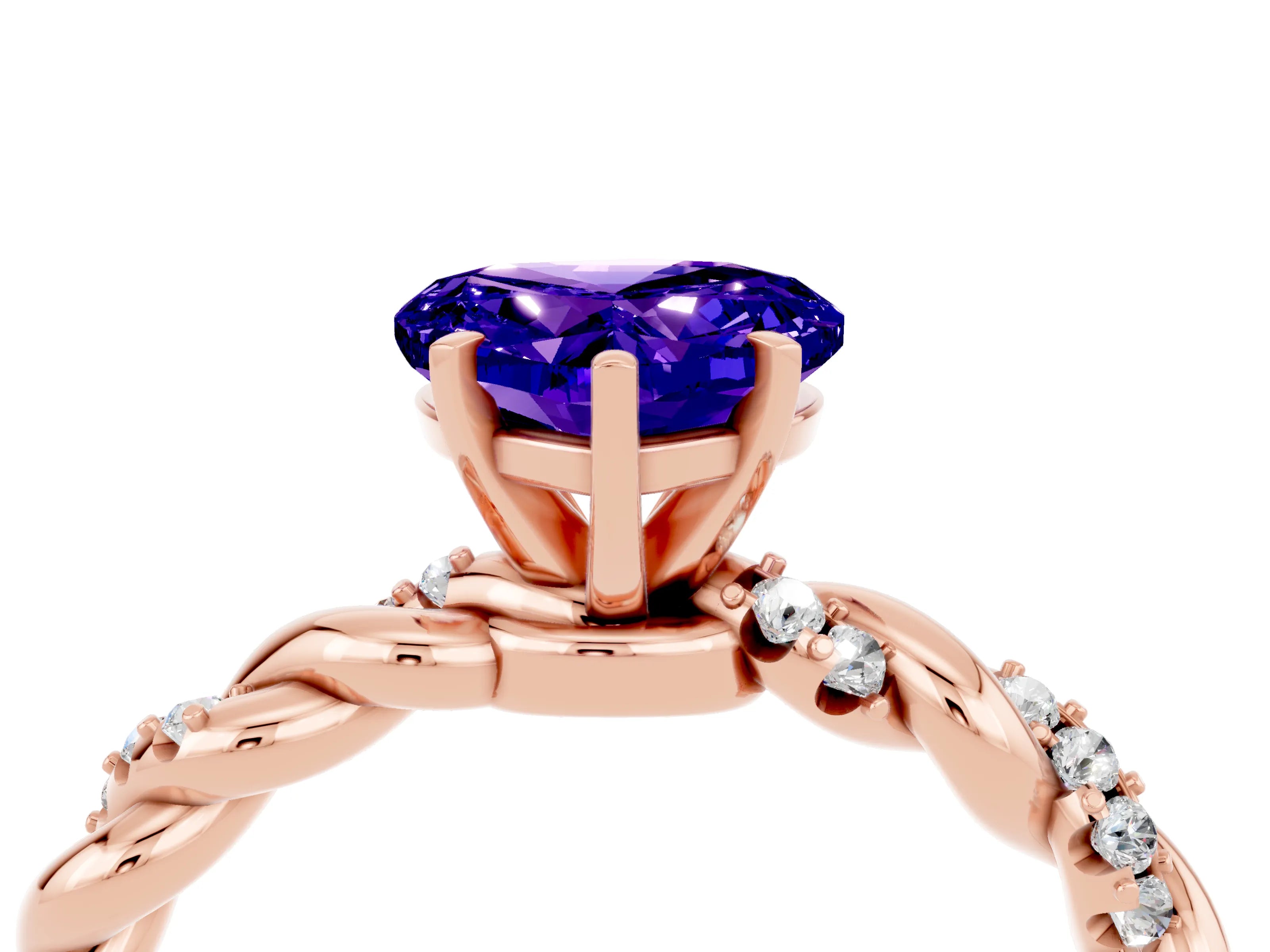 Rose gold Heart Cut Tanzanite Solitaire Ring with Twisted Band and Pavé Accents_4