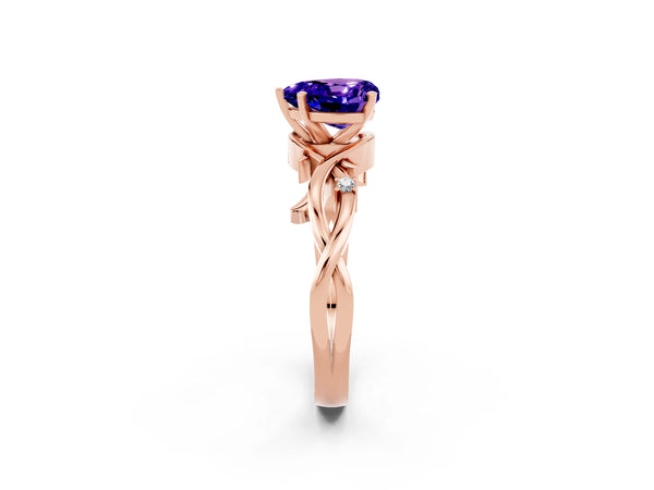 Rose gold Heart Cut Tanzanite Solitaire Ring with Twisted Band and Prong Setting