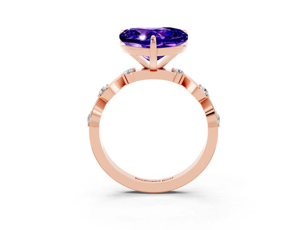 Rose gold Heart Cut Tanzanite Solitaire Twisted Band with Round  Accents and Prong Setting